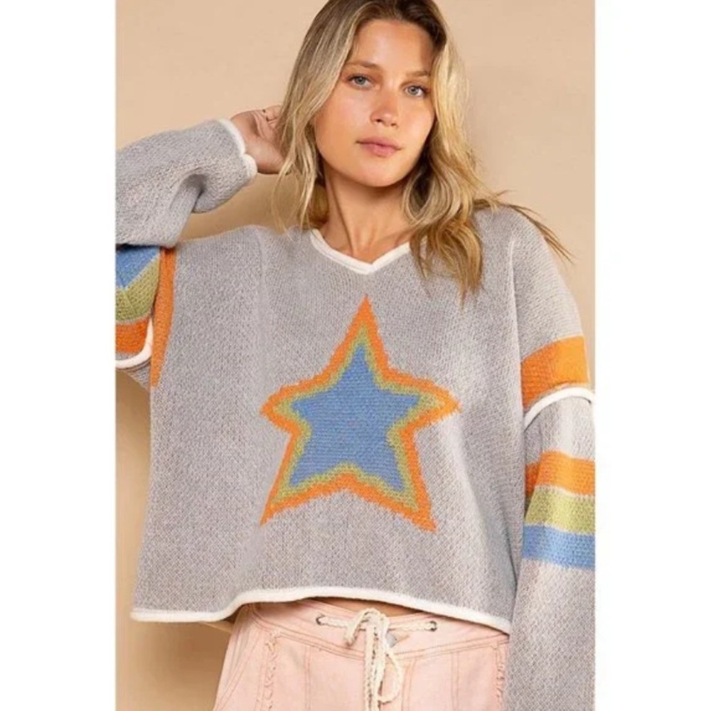 Pol Colorful Stars Stripes Women's Sweater Oversized Medium M Striped cropped